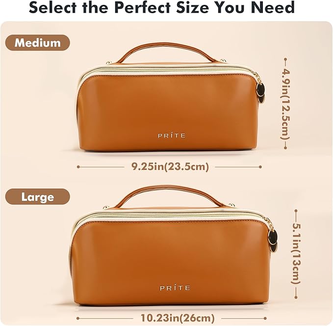 Prite Makeup Bag for Women Travel Waterproof Vegan Leather Cosmetic Bag Open Flat Toiletry Bag With Clear Divider and Handle