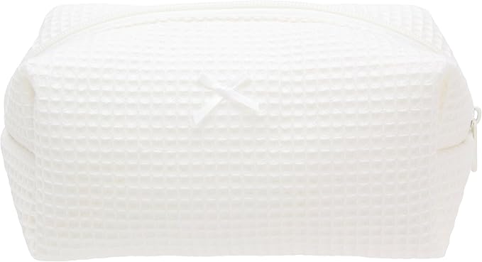 PAZIMIIK Cozy Makeup Bag Travel Cosmetic Bag for Women Soft Toiletry Bag Aesthetic Makeup Organizer Portable Large Zipper Pouch for Skincare Beauty Accessories Brushes Waffle Check Cream White