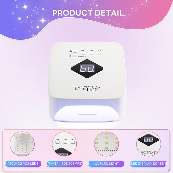 Cordless Nail Lamp 120W Rechargeable UV Light for Gel Nails LED Nail Dryer with 3 Timer Modes Perfect for Salon and Home Use Portable Cordless Design Continuous Use Up to 4-5 Hours(S10)