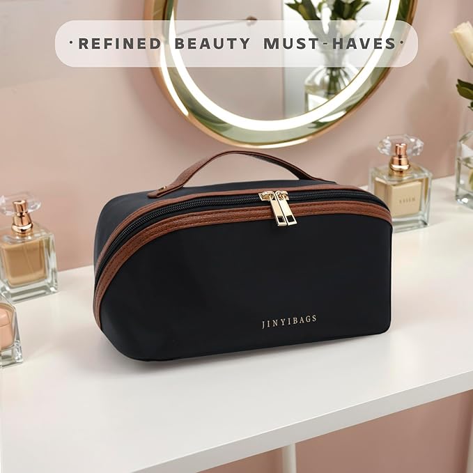 Travel Makeup Bag – Large Cosmetic Organizer with Waterproof Nylon, Smooth Double Zipper & Tear-Resistant Lining, Toiletry Pouch for Women (Black)
