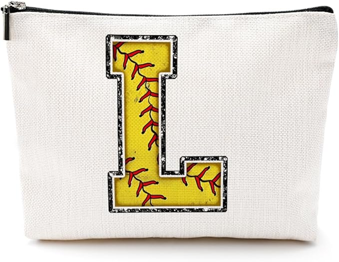 Monogrammed Cosmetic Bag - Initial Makeup Bag with Letter L Zipper Pouch - Softball Accessories for Girls & Women - Graduation & Birthday Gifts