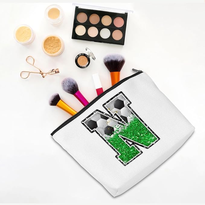Soccer Gifts Initial Makeup Bag Monogrammed Cosmetic Bag Letter N Zipper Pouch Soccer Accessories for Girls Women Player Coach Friend Stuff Graduation Birthday Gifts