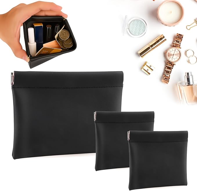 BUSOHA 3 Pack Small Makeup Bag for Purse - Mini Portable Cosmetic Bags for Women, Coin Purse Lipstick Cosmetic Accessories Organizer, Small Travel Kit Storage Pouch (Black)