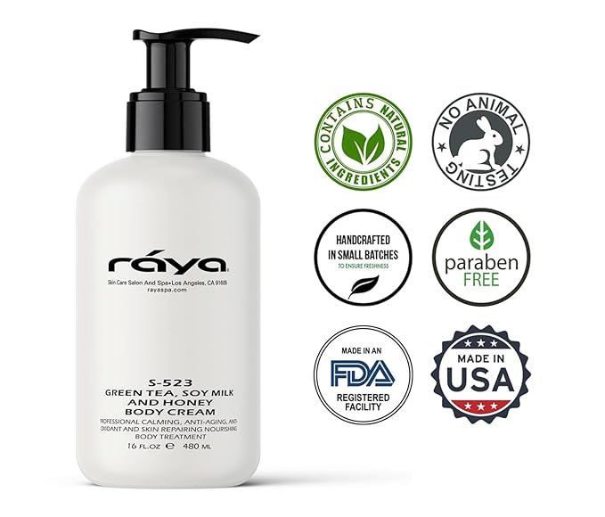 Raya Green Tea, Soy Milk, and Honey Body Cream 16 oz (S-523) | Nourishing, Calming, and Anti-Aging Body Cream | Protects and Refines Skin
