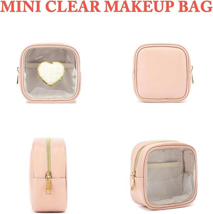 Clear Makeup Bag with 2 Cute Chenille patterns - Waterproof PU Leather Cosmetic Case, Mini Personalized Toiletry Pouch for Women & Teens, ideal for Travel & Gift