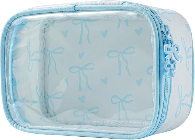 Cute Clear Makeup Bag with Bow Pattern,Transparent Nylon Travel Cosmetic Case with Zipper,Portable Makeup Organizer Pouch for Essentials(02Blue)
