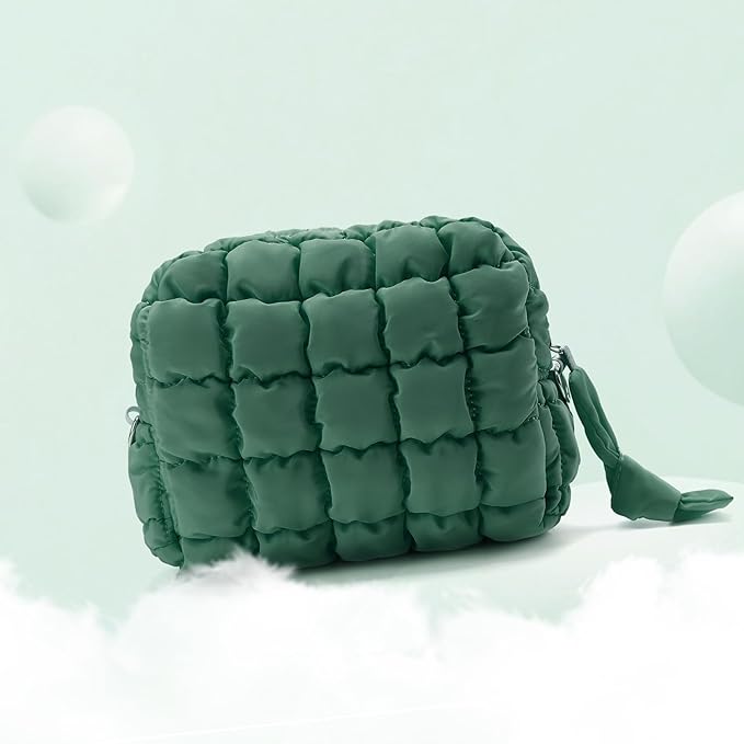Puffy Quilted Makeup Bag Small Puffer Bag Cosmetic Bags Travel Toiletry Purse for Women, Cute Organizer Pouch, Green