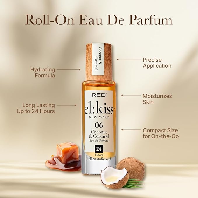 EL:KISS Roll On Perfume, Coconut & Caramel Eau de Parfum 12mL (.40 Fl Oz), Hydrating & Long-Lasting, Alcohol-Free & Mineral Oil-Free, Infused with Jojoba, Argan & Coconut Oil