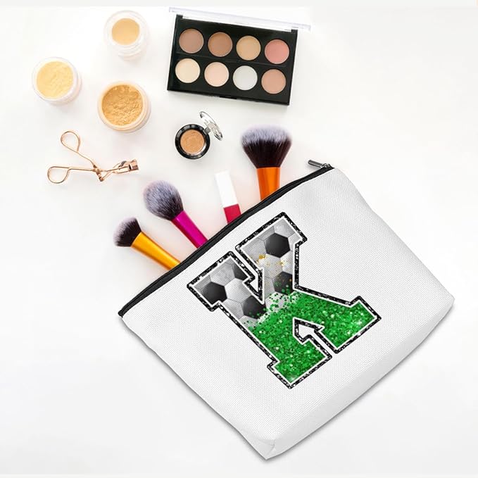Soccer Gifts Initial Makeup Bag Monogrammed Cosmetic Bag Letter K Zipper Pouch Soccer Accessories for Girls Women Player Coach Friend Stuff Graduation Birthday Gifts