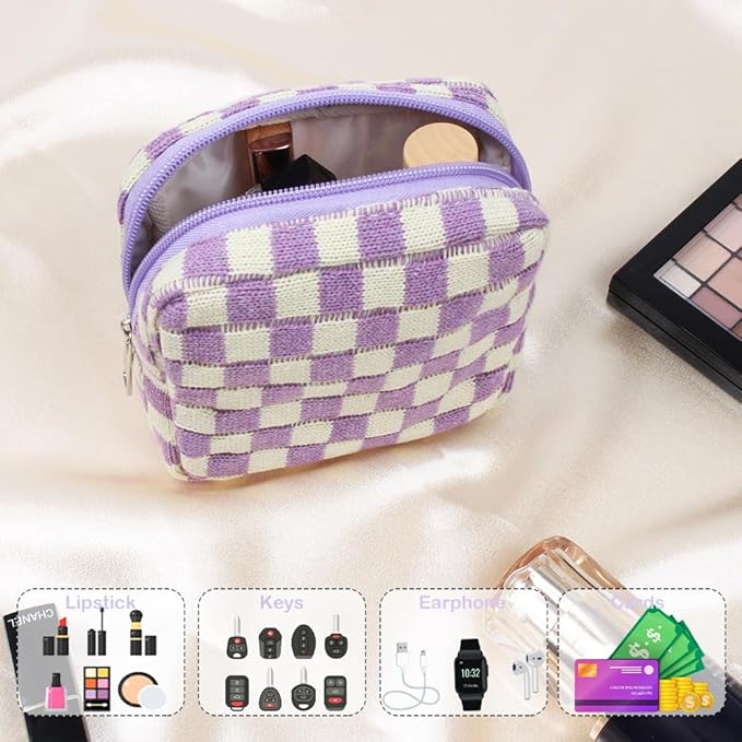 Small Purple Makeup Bag for Purse, Mini Checkered Cosmetic Bag Zipper Cute Make Up Pouch Travel Toiletry Bag Quilted Aesthetic Accessories Makeup Storage Bag Organizer for Women Girls