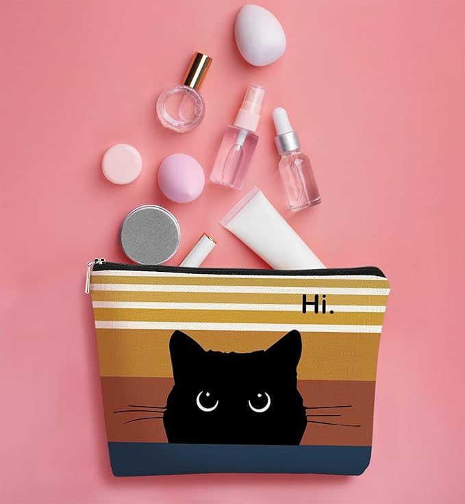 Cute Cat Makeup Bag, Black Cat Kitty Cosmetic Pouch, Sunset Color