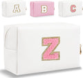 Small Personalized Letter Makeup Bag, Cute PU Leather Chenille Letters Cosmetic Bag Travel Makeup Pouch, Preppy Travel Organizer Zipper Pouch for Women&Girls（WhitePink-Z）