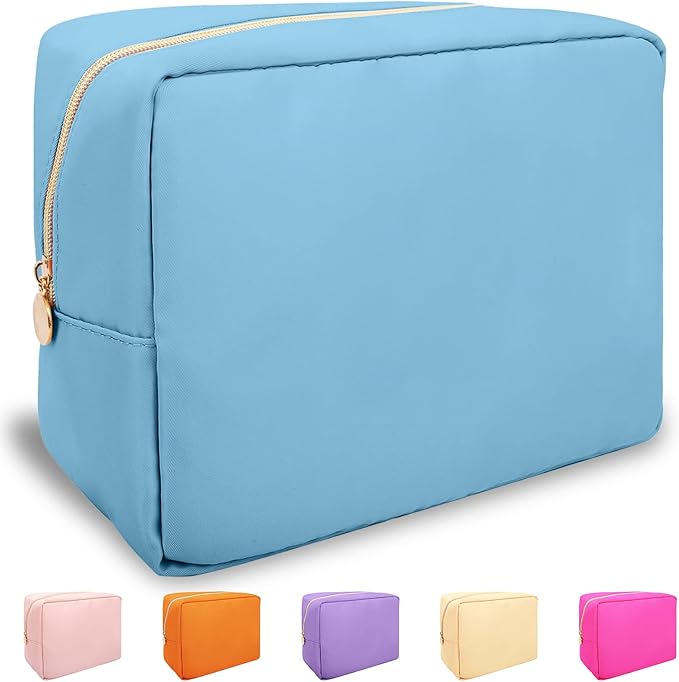 Nylon Large Makeup Bag Travel Cosmetic Bag Pouch, Preppy Big Makeup Bag Cute Cosmetic Zipper Pouch Purse, Waterproof Toiletry Bag Clutch Make Up Organizer Travel Essentials for Women Men Girls(Blue)