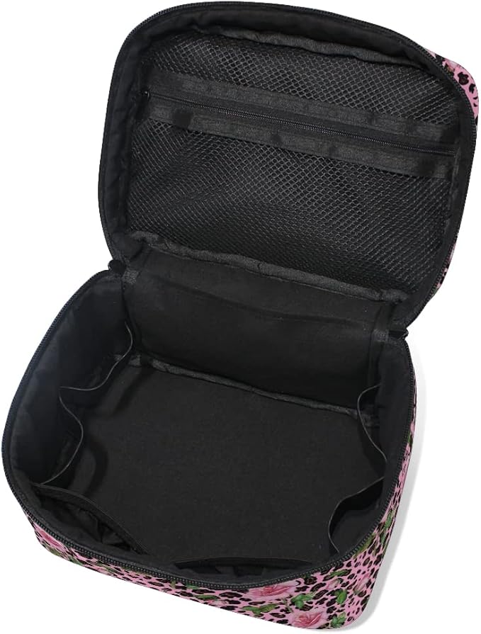 Makeup Bag, Roses On Pink Leopard Travel Makeup Organizer Bag Cosmetic Cases Toiletry Bags for Girl Women Ladies