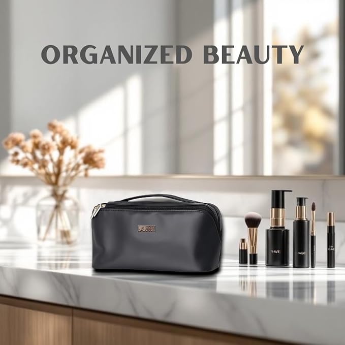 NAORI Travel Makeup Bag for Women | Large Luxury Cosmetic Organizer with Handle & Inner Pockets | Waterproof Leather Toiletry Bag | Makeup Case for Home, Travel & Gifting (Elegant Black)