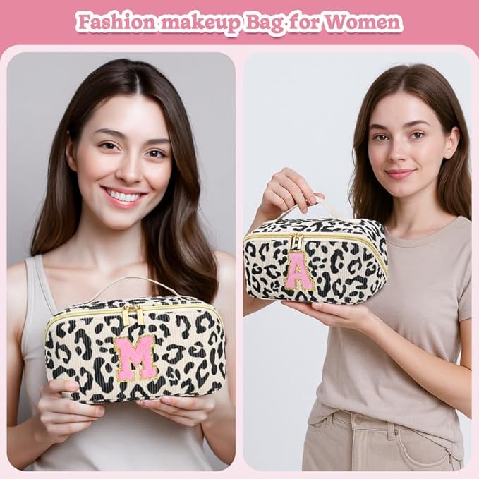 Personalized Travel Makeup Bag Set,Initial Travel Cute Leopard Makeup Organizer Bag,Toiletry Skincare Cosmetic Bag,Christmas Gifts for Women/Girls,Open Flat Toiletry Pouch with Brush Pocket-V