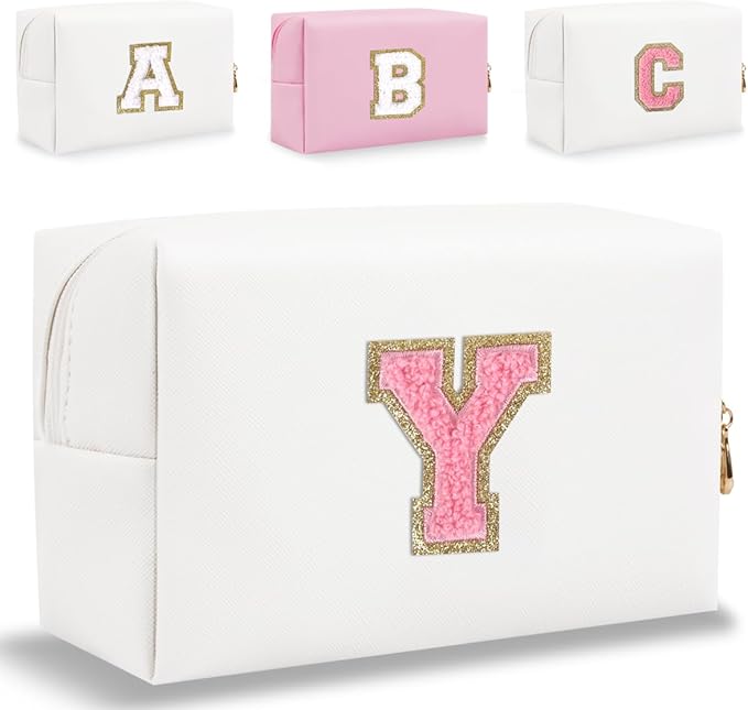 Small Personalized Letter Makeup Bag, Cute PU Leather Chenille Letters Cosmetic Bag Travel Makeup Pouch, Preppy Travel Organizer Zipper Pouch for Women&Girls（WhitePink-Y）