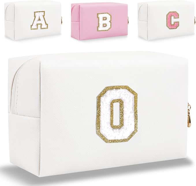 Small Personalized Letter Makeup Bag, Cute PU Leather Chenille Letters Cosmetic Bag Travel Makeup Pouch, Preppy Travel Organizer Zipper Pouch for Women&Girls（White-O）