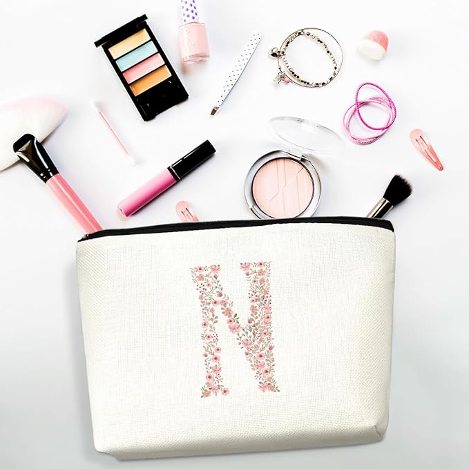 Initial Makeup Bag Floral N Personalized Cosmetic Bag Monogrammed Gifts for Women Girls Niece Bridesmaid Monogram Zipper Pouch for Teacher Appreciation Mothers Day Birthday Wedding Bridal Shower Gifts