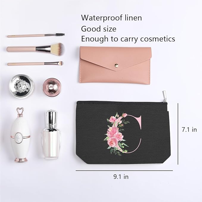 A-Z Personalized Cosmetic Bag Monogrammed Makeup Bags Bridesmaid Gifts Custom Toiletry Pouch Gifts for Women Mom Best Friend Sister Bride Bridesmaid (C)