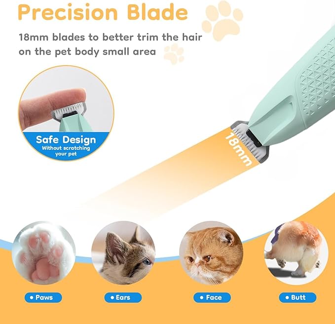 Professional Dog & Cat Trimmer - Quiet Electric Pet Grooming Kit for Ears/Eyes/Paws with LED Light - Cordless Battery-Powered Fur & Nail Clipper for Small/Large Breeds(Blue)