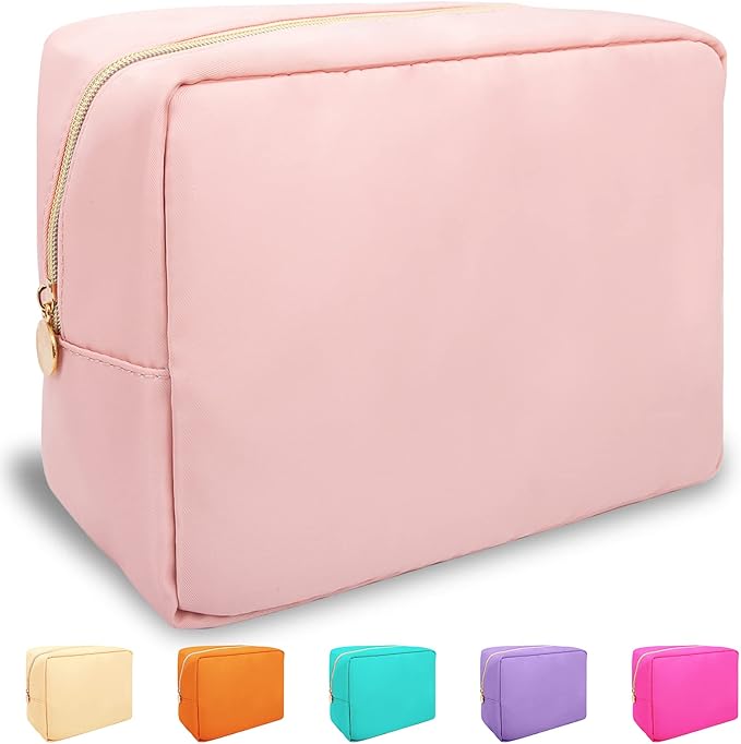 Nylon Large Makeup Bag Travel Pouch for Women, Preppy Big Pink Makeup Bag Cute Cosmetic Zipper Pouch Purse, DIY Chenille Letter Bag Waterproof Toiletry Bag Clutch Makeup Organizer for Women Girl(Pink)