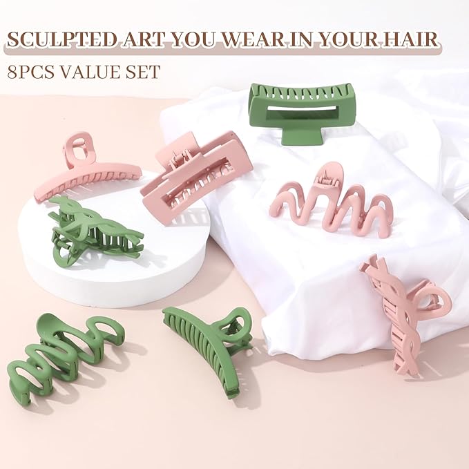 Matte Non-Slip Large Hair Clips for Women 8PCS (4 Pink+4 Green), Durable Claw Clips for Women/Girls | Gift-Ready Neutral Hair Accessories for Daily & Special Occasions