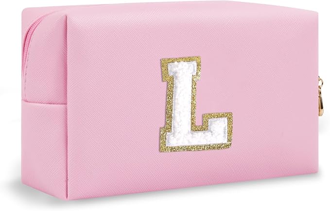 Personalized Initial Preppy Travel Makeup Bag Organizer, Small Pink Cute Cosmetic Bag Toiletry Zipper Pouch for Women, Portable Waterproof PU Makeup Case Birthday Gift for Friends Teacher(Letter L)