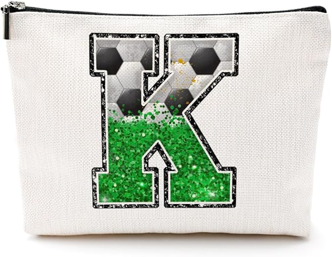 Soccer Gifts Initial Makeup Bag Monogrammed Cosmetic Bag Letter K Zipper Pouch Soccer Accessories for Girls Women Player Coach Friend Stuff Graduation Birthday Gifts