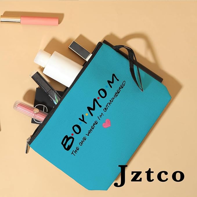 Jztco Boy Mama Makeup Bag, Baby Shower Gifts for Mom First Time, Christmas Birthday Unique Cosmetic Bag Funny Mothers Day, New Mom Gifts - Boy Mama The One Where I'm Outnumbered, Blue