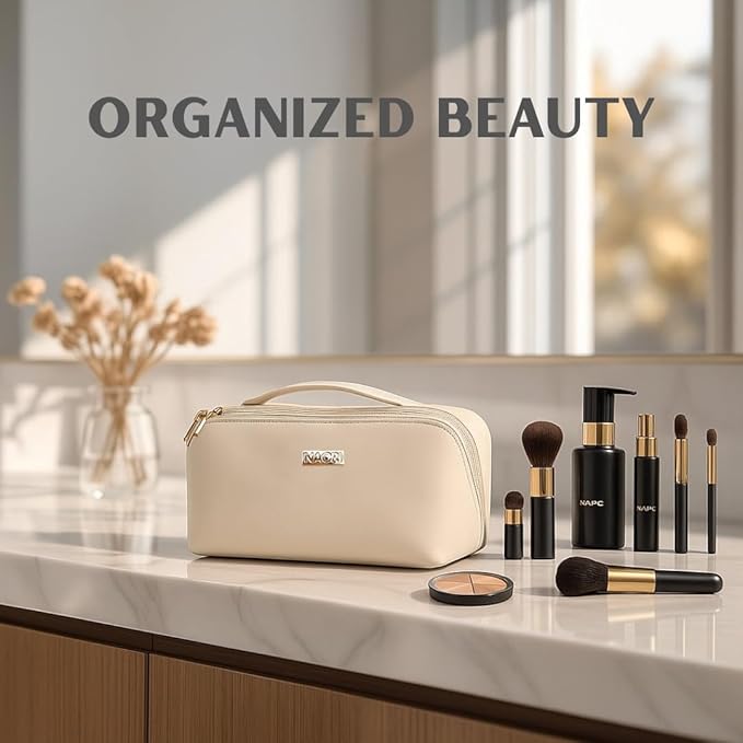 NAORI Travel Makeup Bag for Women | Large Luxury Cosmetic Organizer with Handle & Inner Pockets | Waterproof Leather Toiletry Bag | Makeup Case for Home, Travel & Gifting (Creamy Beige)