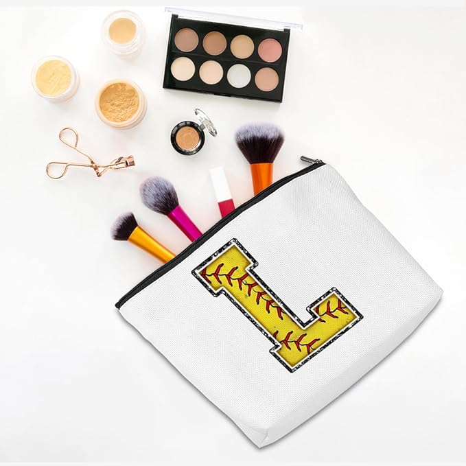 Monogrammed Cosmetic Bag - Initial Makeup Bag with Letter L Zipper Pouch - Softball Accessories for Girls & Women - Graduation & Birthday Gifts