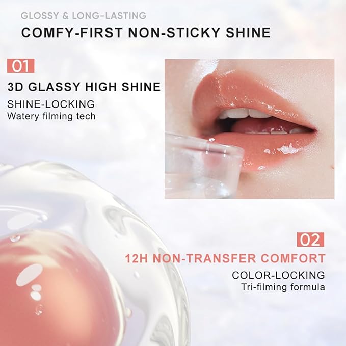 JUDYDOLL Ice Watery Lip Gloss- Long Lasting & Transfer-Proof, Infused with 86% Essence with Ice Iron Applicator, Non-Sticky Glossy Finish for Daily Wear, Mirror Lip Glazes, Moisturizing Plumping Gloss