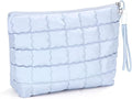 Richeart Makeup Bag Travel Toiletry Bag - Checkered Down Cotton Makeup Pouch for Women with Cosmetic and Pencil, Aesthetic Light blue Design, Large