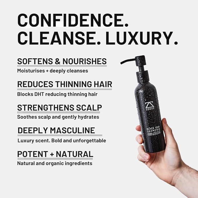 ZOUSZ Beard Shampoo For Men - Black Oud Cleansing, Vitalising and Nourishing Daily Beard Wash Containing Natural & Organic Ingredients + PRO-Vitamins - 250mL