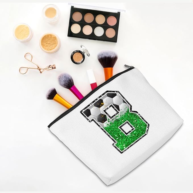 Soccer Gifts Initial Makeup Bag Monogrammed Cosmetic Bag Letter B Zipper Pouch Soccer Accessories for Girls Women Player Coach Friend Stuff Graduation Birthday Gifts