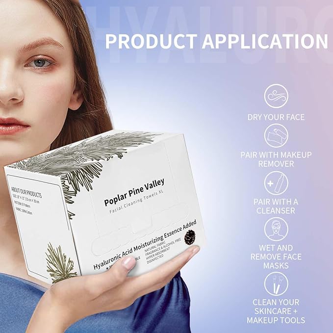 Face Cleaning Towels, Makeup Remover Dry Wipes, Hyaluronic Acid, Skincare Towels for Face, Cleansing and Moisturizing, Cotton, Thick Soft, Travel, 50 Ct, 1 Pack