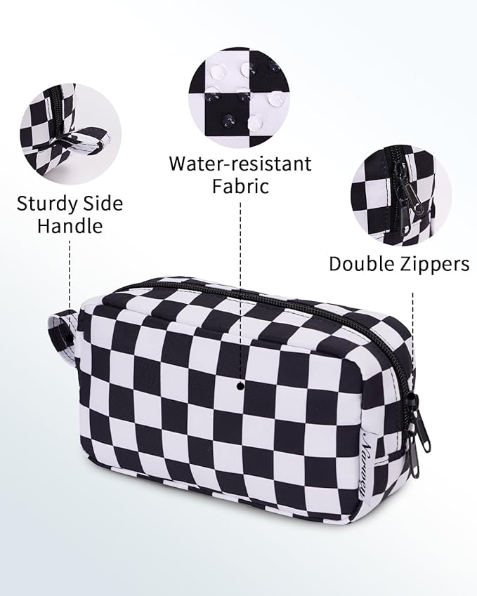 Narwey Small Checkered Makeup Bag for Purse Travel Makeup Pouch Mini Cosmetic Bag Zipper Pouch for Women (Black Checkerboard, Small)