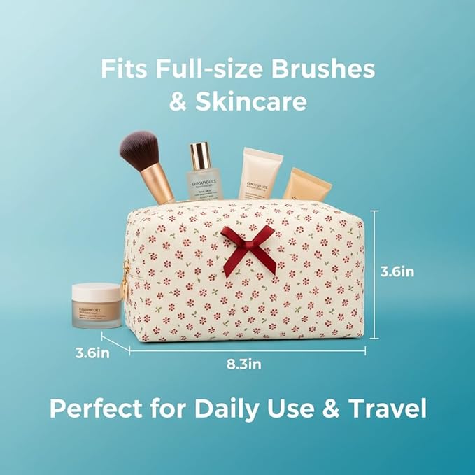 Floral Cotton Makeup Brush Cosmetic Bag for Women, Travel Quilted Zipper Pouch, Large Capacity Flowers Toiletry Organizer, Kawaii Makeup Storage Case, Cosmetic Travel Cloth Bag-Red Floral
