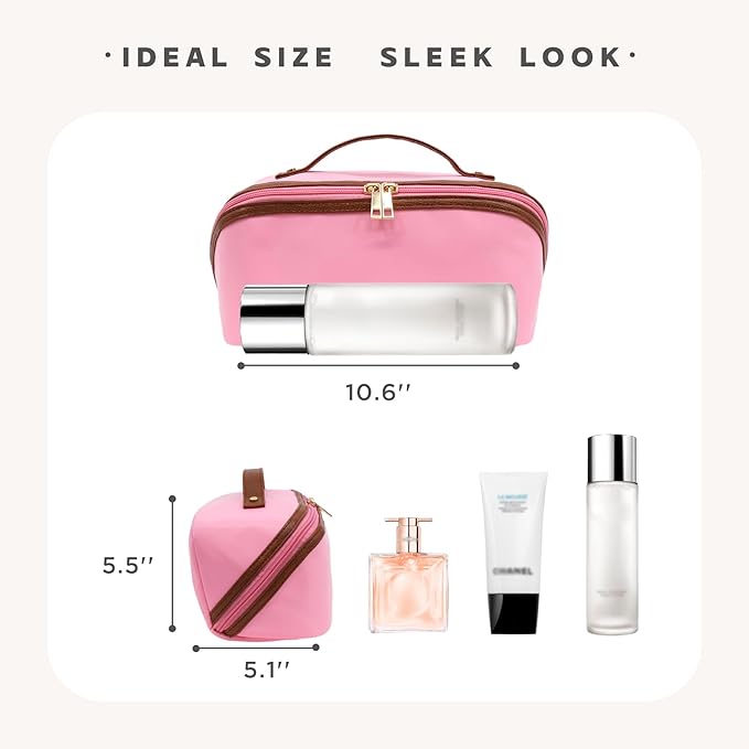Travel Makeup Bag – Large Cosmetic Organizer with Waterproof Nylon, Smooth Double Zipper & Tear-Resistant Lining, Toiletry Pouch for Women (Pink)
