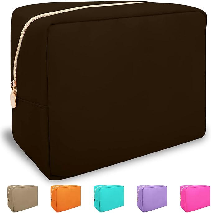Nylon Large Makeup Bag Travel Pouch for Women, Preppy Big Makeup Bag Cute Cosmetic Zipper Pouch Purse, DIY Chenille Letter Bag Waterproof Toiletry Bag Clutch Make Up Organizer for Women Girls(Brown)