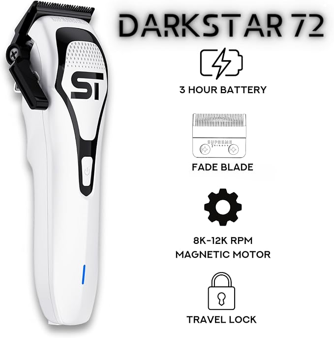 Supreme Trimmer Darkstar 72 Clipper with Magnetic Vector Motor | 180 Min Run Time, 9000 RPM Barber Hair Clipper | Low Noise, Professional Clipper DLC Blades | STC72