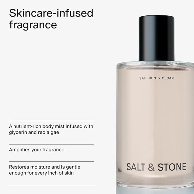 Salt & Stone Body Mist, Saffron & Cedar Scent, Skincare Infused Perfume Hair & Body Spray for Women and Men, Hydrating Fragrance with Glycerin and Red Algae, Vegan, Cruelty Free, 3.4 fl oz
