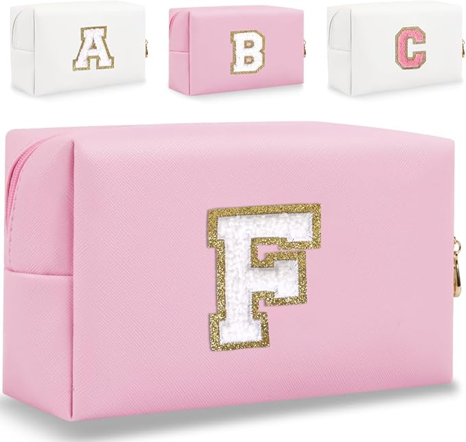 Small Personalized Letter Makeup Bag, Cute PU Leather Chenille Letters Cosmetic Bag Travel Makeup Pouch, Preppy Travel Organizer Zipper Pouch for Women&Girls（Pink-F）