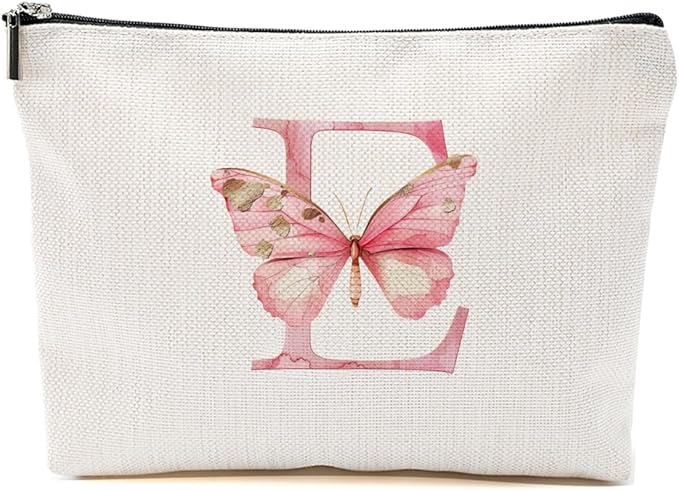 Initial Makeup Bag Pink Butterfly E Personalized Cosmetic Bag Monogrammed Gifts for Women Girls Bride Daughter Monogram Zipper Pouch for Friendship Mothers Day Birthday Wedding Bridal Shower Gifts