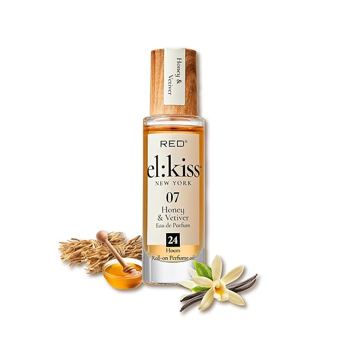 EL:KISS Roll On Perfume, Honey & Vetiver Eau de Parfum 12mL (.40 Fl Oz), Hydrating & Long-Lasting, Alcohol-Free & Mineral Oil-Free, Infused with Jojoba, Argan & Coconut Oil