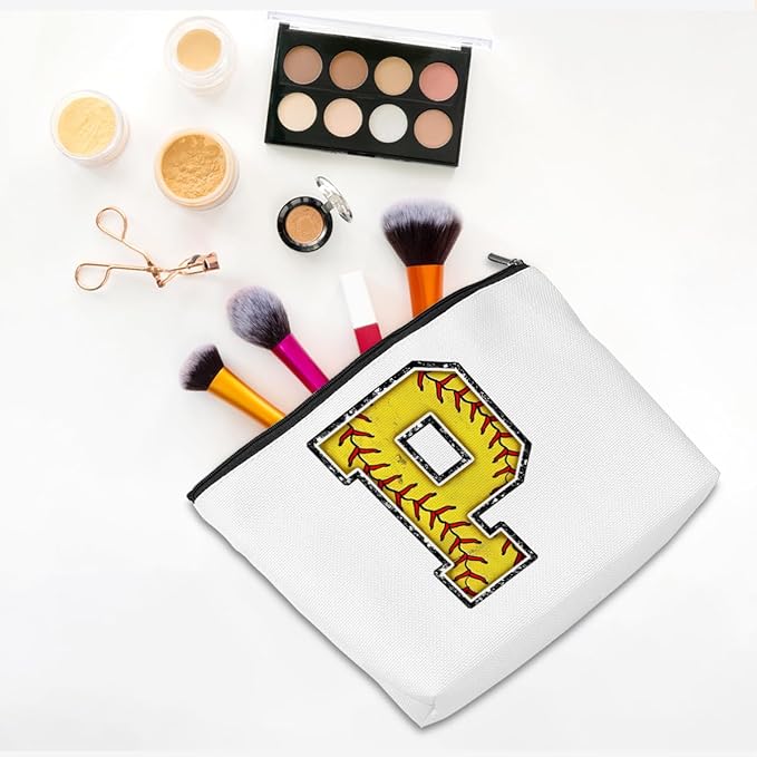 Softball Gifts Initial Monogrammed Cosmetic Bag Yellow Letter P Zipper Pouch for Girls Women Softball Player Coach Friend Graduation Birthday Gifts