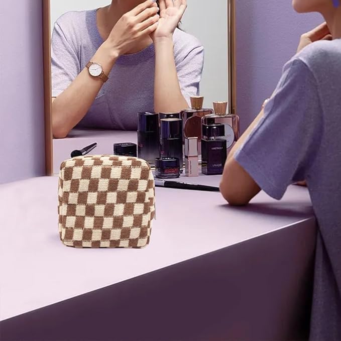 Small Brown Makeup Bag for Purse, Mini Checkered Cosmetic Bag Zipper Cute Make Up Pouch Travel Toiletry Bag Quilted Aesthetic Accessories Makeup Storage Bag Organizer for Women Girls