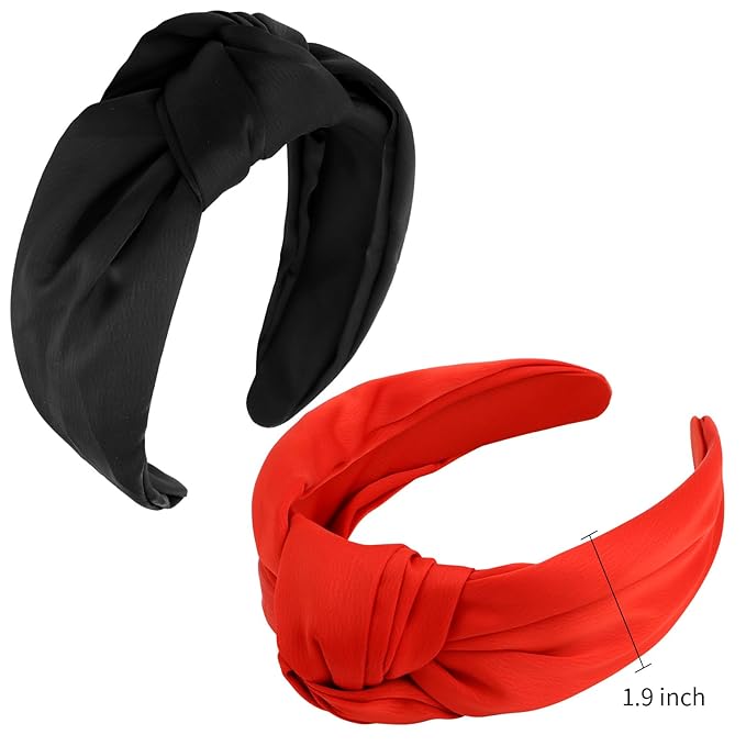 VELSCRUN Headband 2 Pack Black, Red - Wide Knotted Headbands for Women. Non Slip Hair Bands, Silk Satin Hair Accessories. Fashion Hair Styling Accessories. Ideal Gift for Sisters, Girls, Women.