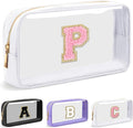 Personalized Initial Letter Clear Makeup Bag,Preppy Small Nylon&PVC Cosmetic Zipper Bag with Chenille Letter,Travel Skincare Toiletry Bag,Monogram Christmas Gift for Teen Girls Women,P